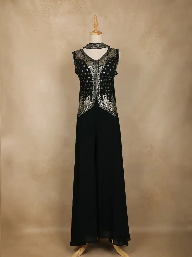 Black Sequin Embroidered Design Chiffon Palazzo Suit 1