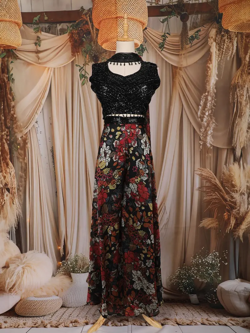 Black Sequin Embroidered Design Crepe Palazzo Suit 1