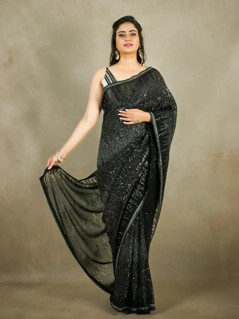 Black Sequin Worked Georgette Designer Saree 1