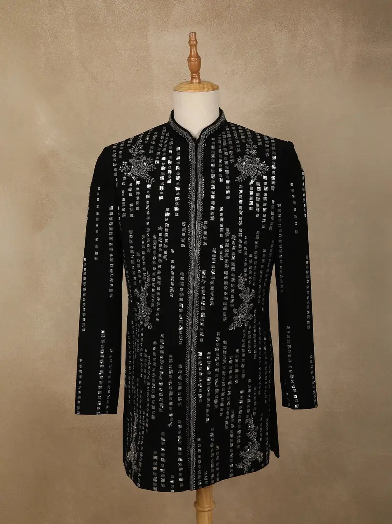 Black Sequins And Beads Embroidered Design Polynosic Men's Sherwani Set 1