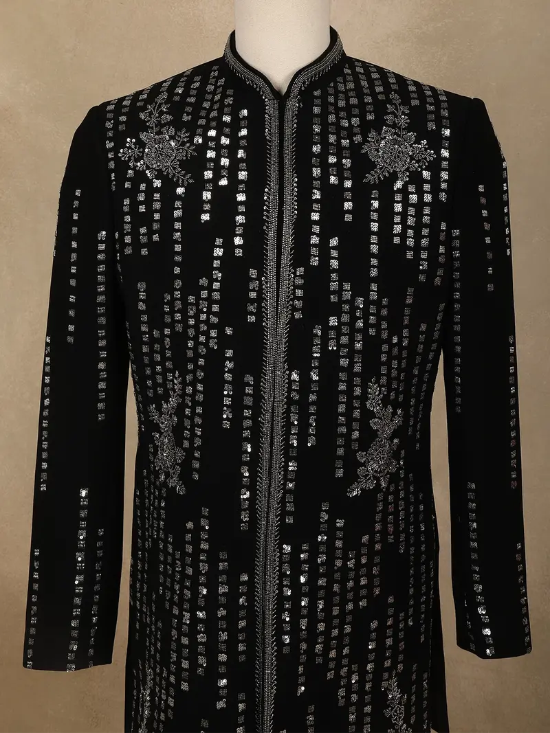 Black Sequins And Beads Embroidered Design Polynosic Men's Sherwani Set 2