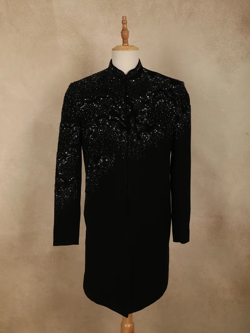 Black Sequins And Beads Embroidered Design Polynosic Sherwani Suit 1