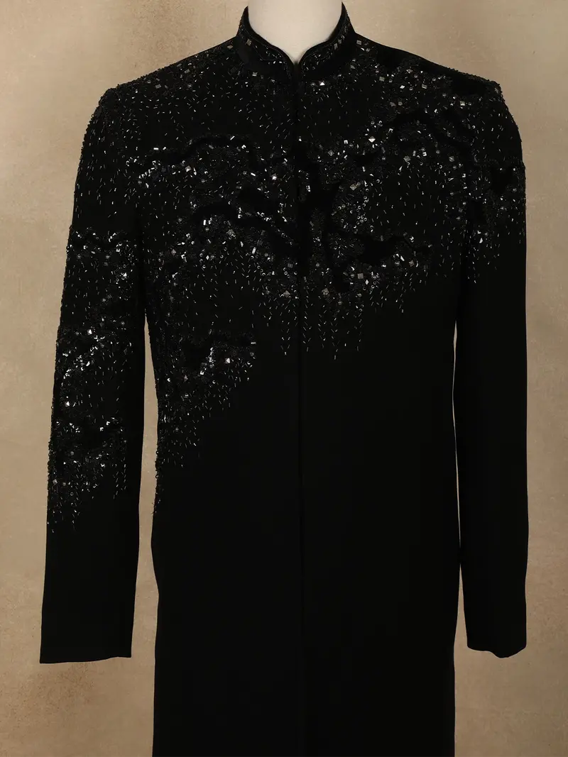 Black Sequins And Beads Embroidered Design Polynosic Sherwani Suit 2