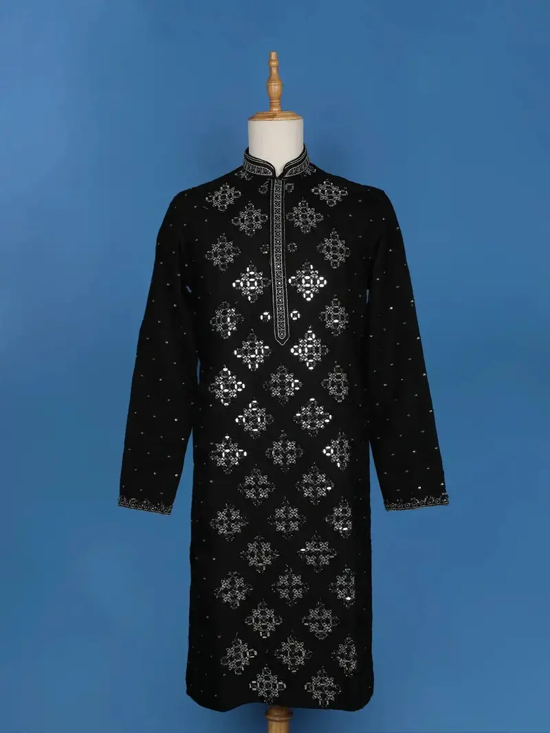 Black Sequins And Mirror Work Raw Silk Kurta Set With Pant 1