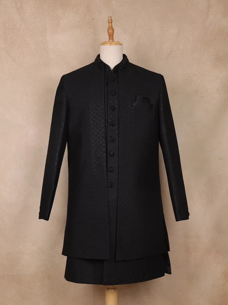 Black Sequins Design Georgette Sherwani Suit 1