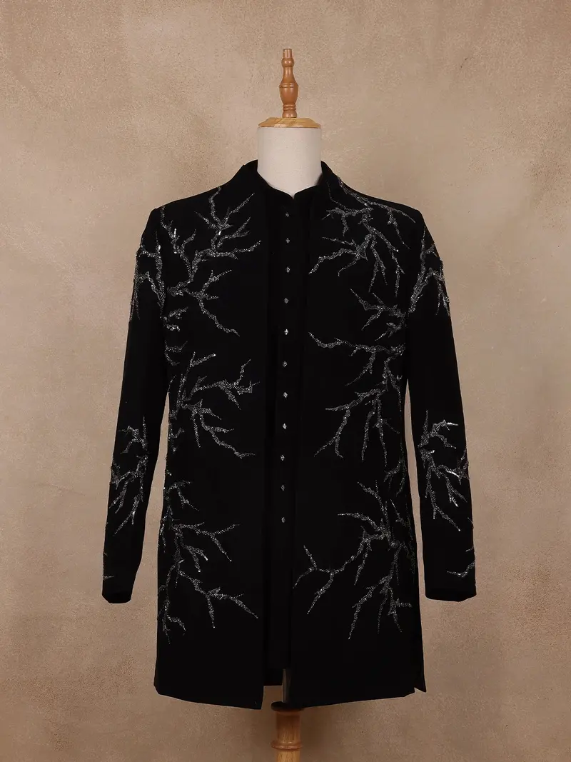 Black Sequins Design Polynosic Sherwani Suit 1