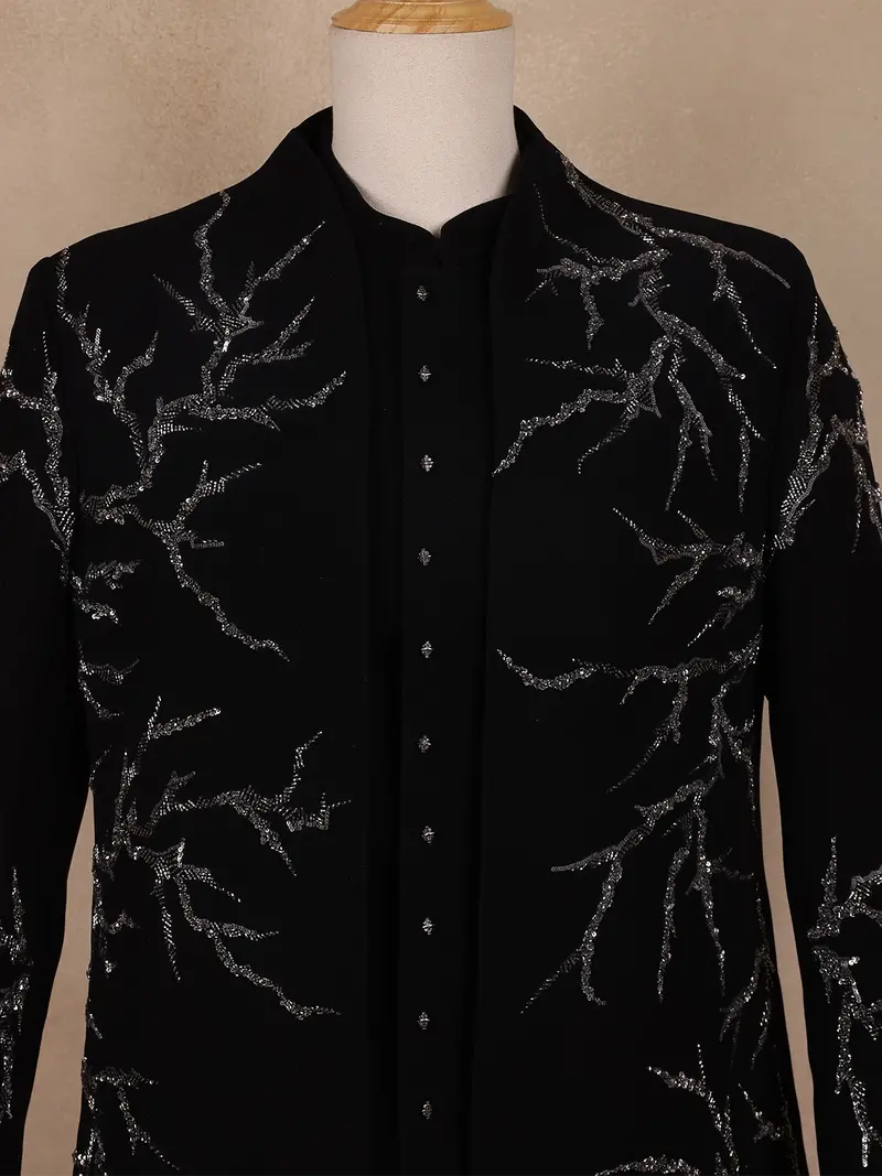 Black Sequins Design Polynosic Sherwani Suit 2