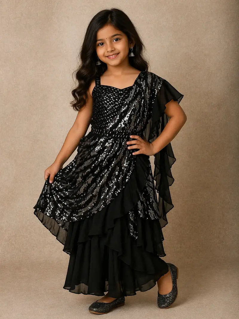 Black Sequins Embellished Design Chiffon Ready To Wear Kids Saree 1