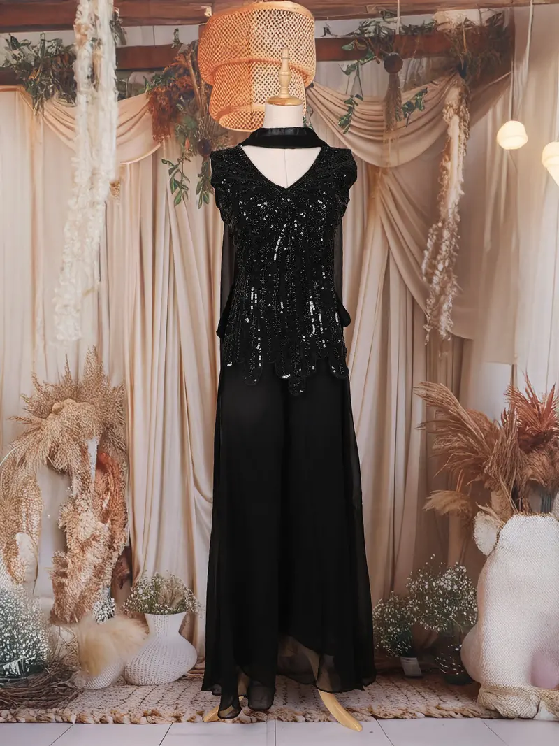Black Sequins Embellished Design Georgette Palazzo Suit With Choker Dupatta 1