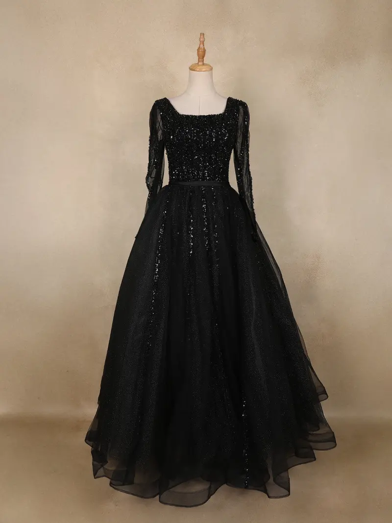 Black Sequins Embellished Design Net Ball Gown With Full Sleeves 1