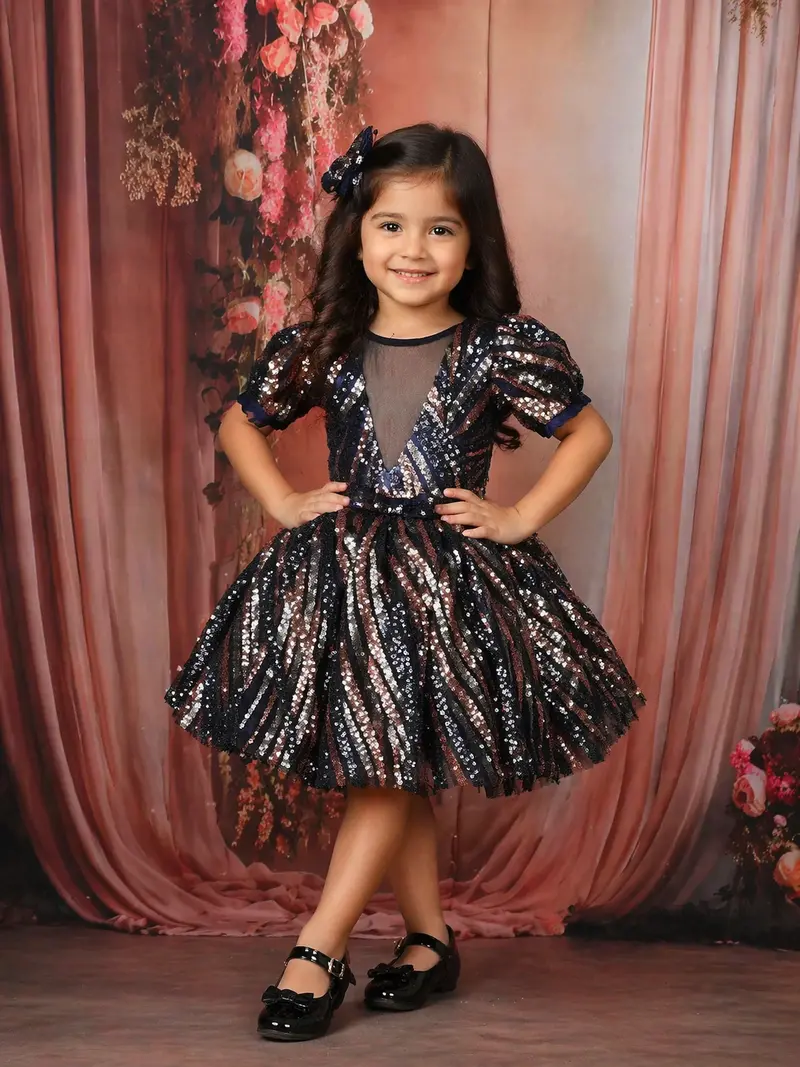 Black Sequins Embellished Design Party Wear Kids Net Gown 1