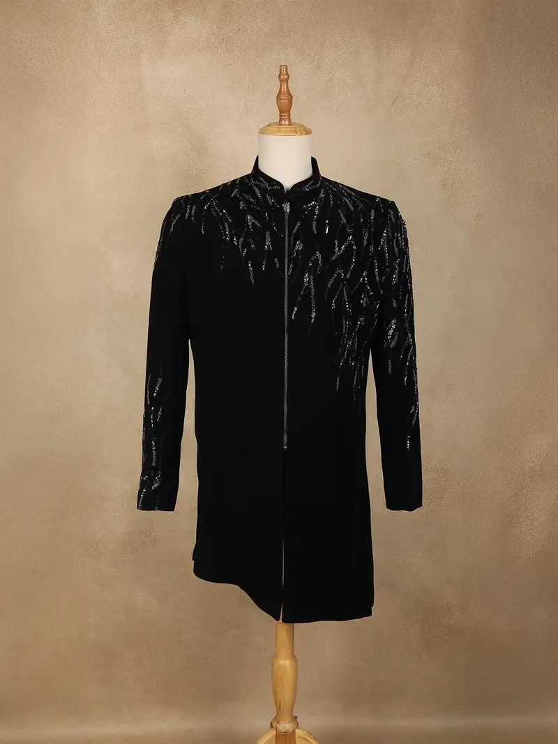Black Sequins Embellished Design Polynosic Men's Sherwani Set 1