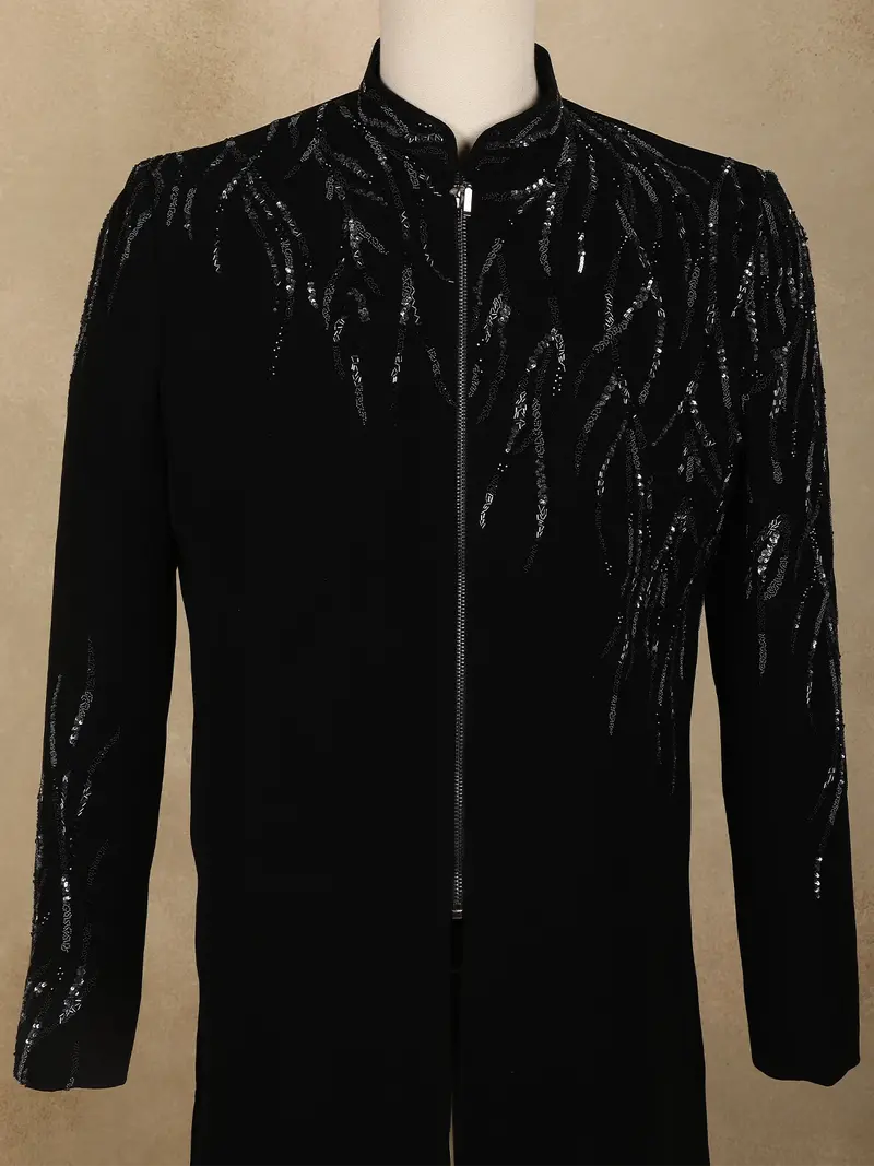 Black Sequins Embellished Design Polynosic Men's Sherwani Set 2