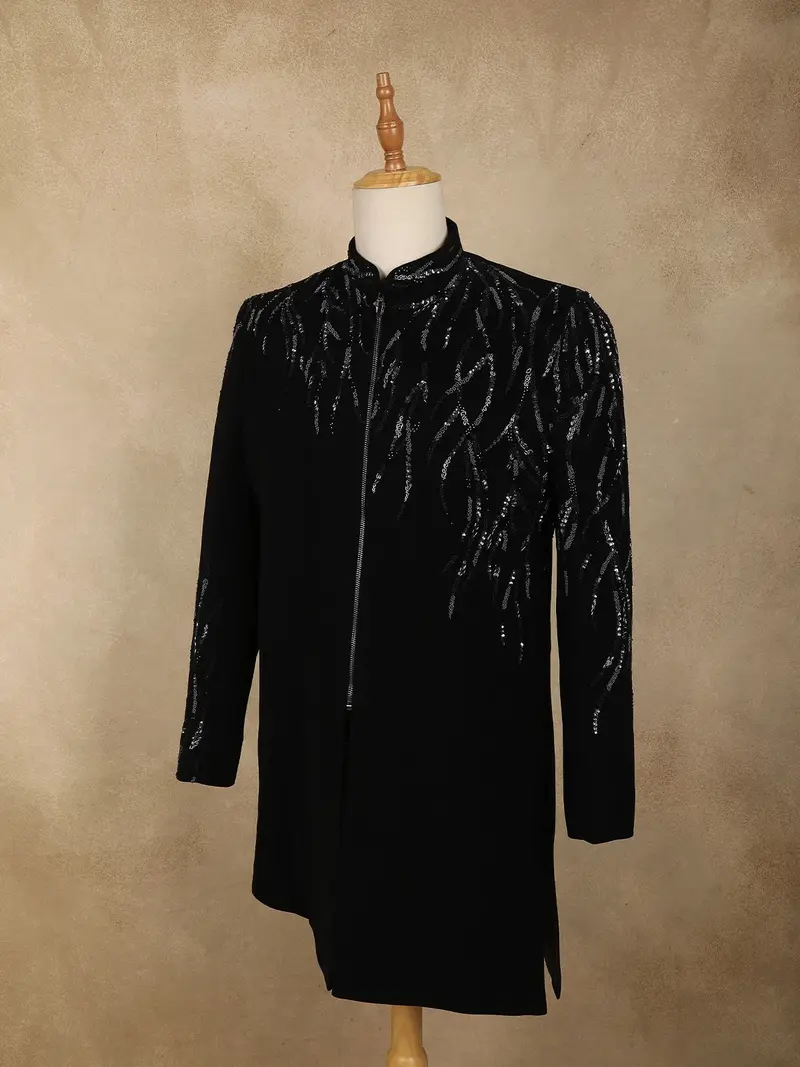 Black Sequins Embellished Design Polynosic Men's Sherwani Set 3