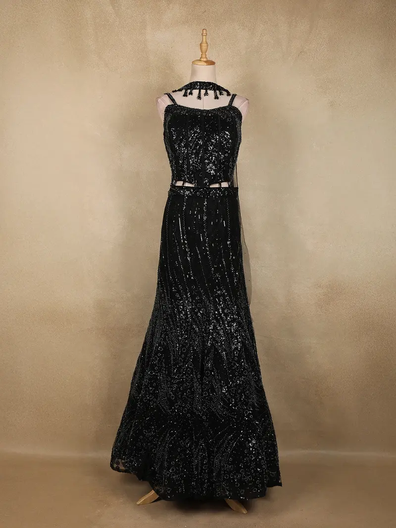 Black Sequins Embellished Net Party Wear Lehenga With Dupatta 1