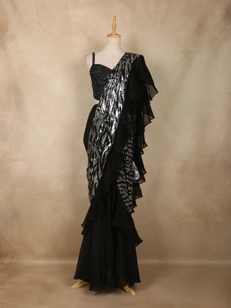 Black Sequins Embroidered Design Georgette Ready To Wear Saree With Designer Blouse 1