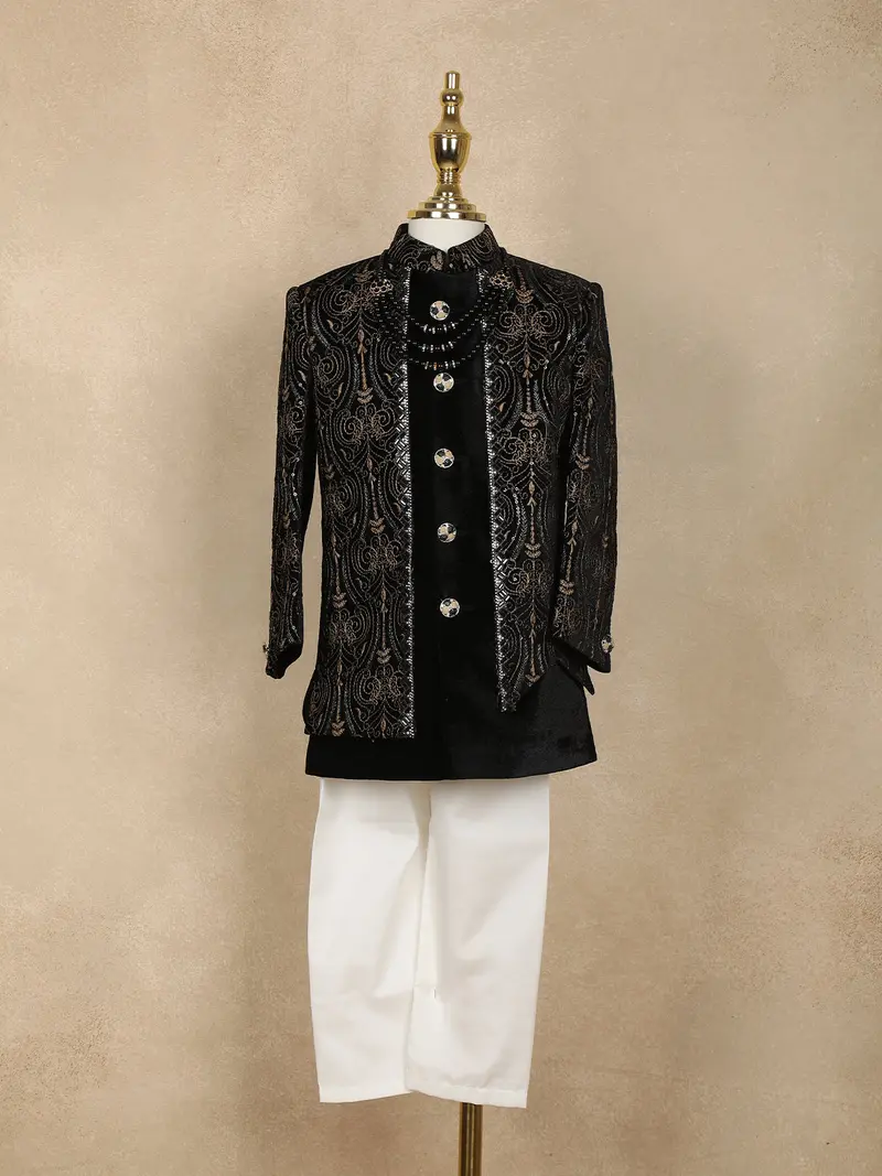 Black Sequins Embroidered Kids Velvet Sherwani Set With White Pants 1