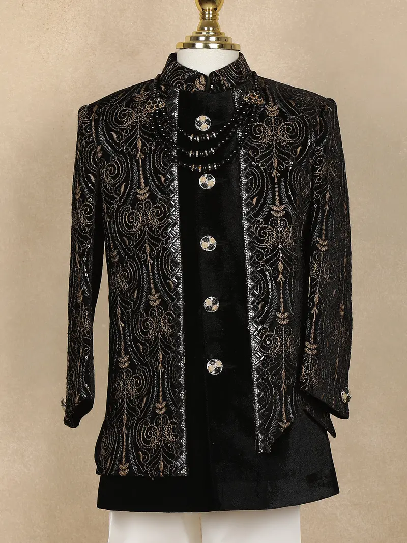 Black Sequins Embroidered Kids Velvet Sherwani Set With White Pants 2