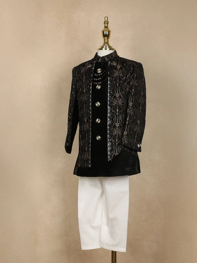 Black Sequins Embroidered Kids Velvet Sherwani Set With White Pants 3