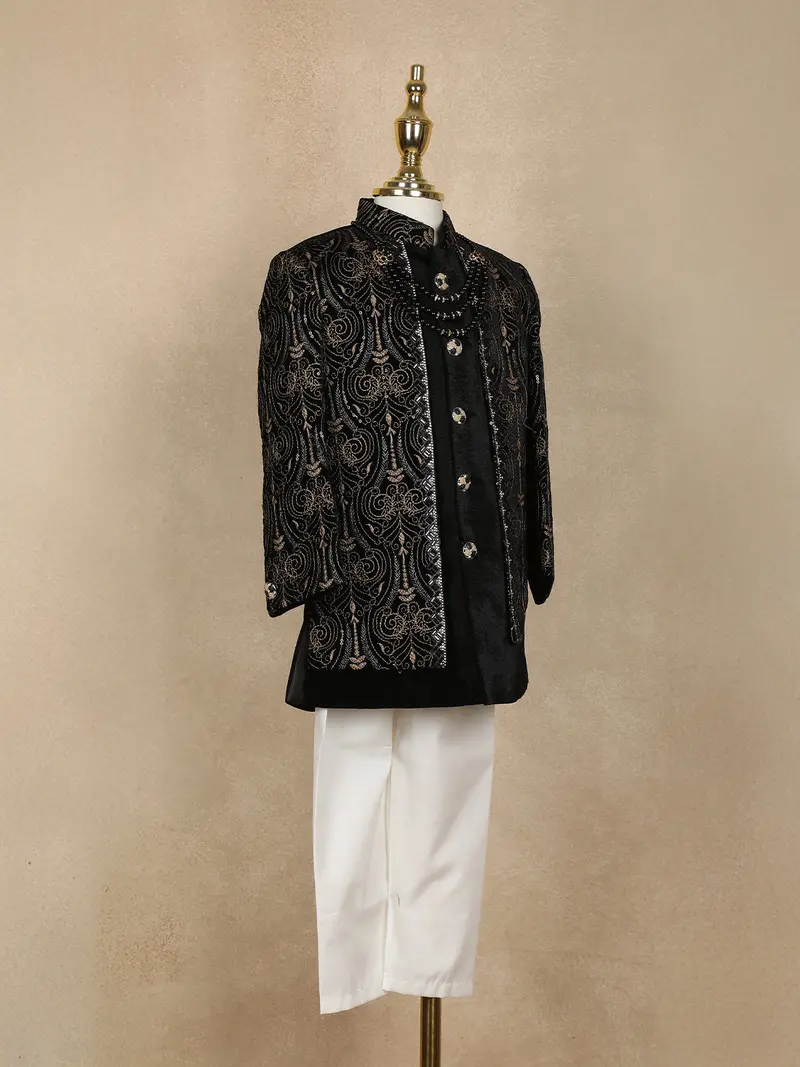 Black Sequins Embroidered Kids Velvet Sherwani Set With White Pants 4
