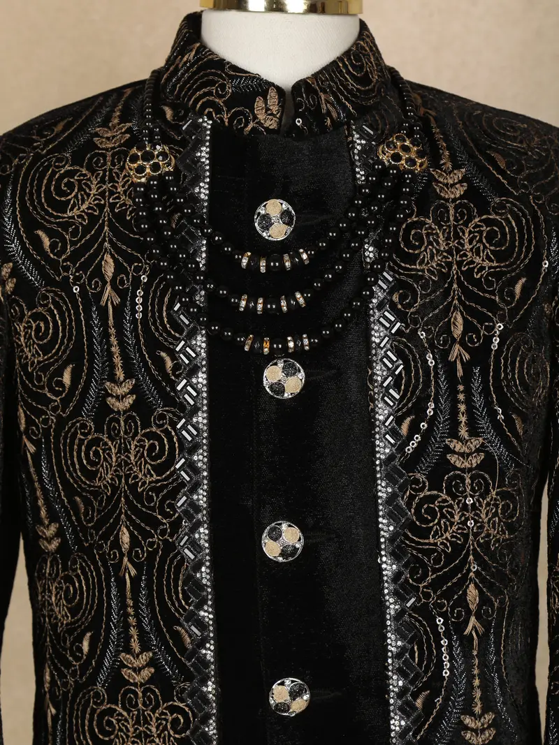 Black Sequins Embroidered Kids Velvet Sherwani Set With White Pants 5