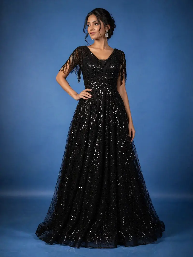 Black Sequins Embroidered Net Gown 1