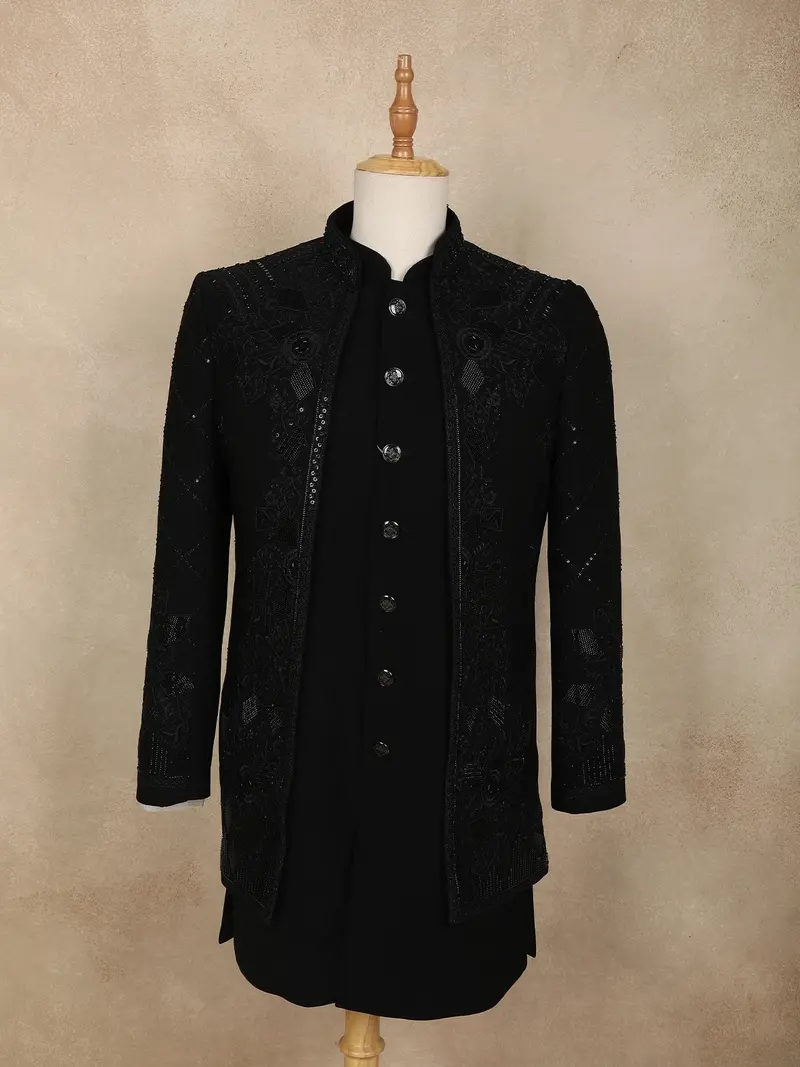 Black Sequins Embroidered Polynosic Sherwani Set 1