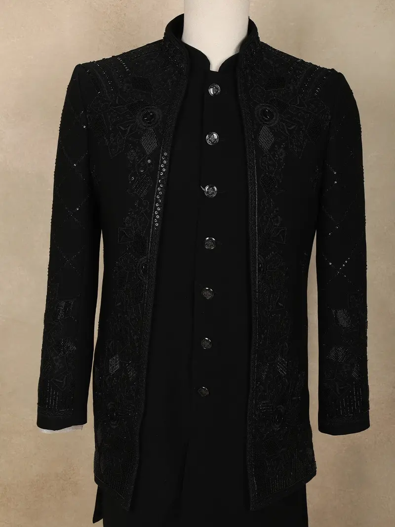 Black Sequins Embroidered Polynosic Sherwani Set 2
