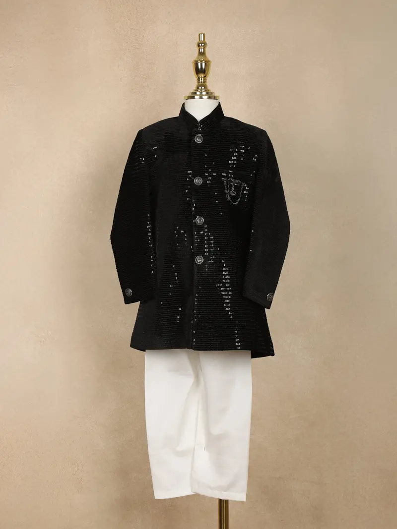 Black Sequins Embroidered Velvet Kids Sherwani Set With White Pants 1