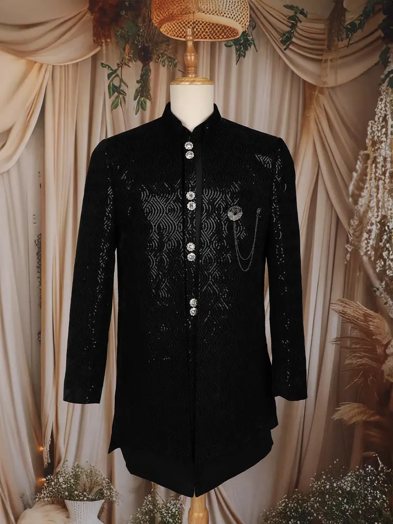 Black Sequins Embroidered Velvet Sherwani With Designer Brooch 1