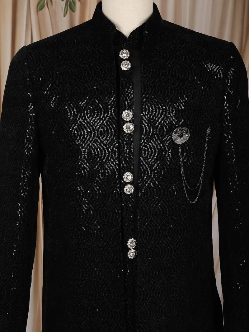 Black Sequins Embroidered Velvet Sherwani With Designer Brooch 2