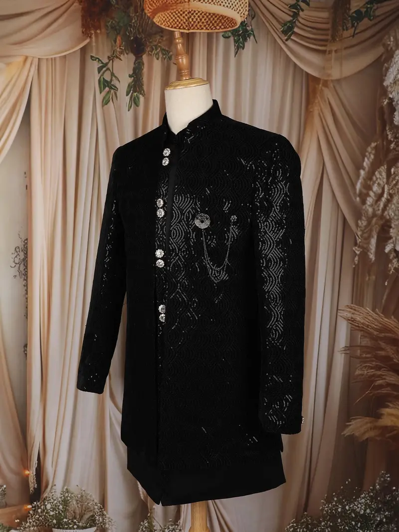 Black Sequins Embroidered Velvet Sherwani With Designer Brooch 3