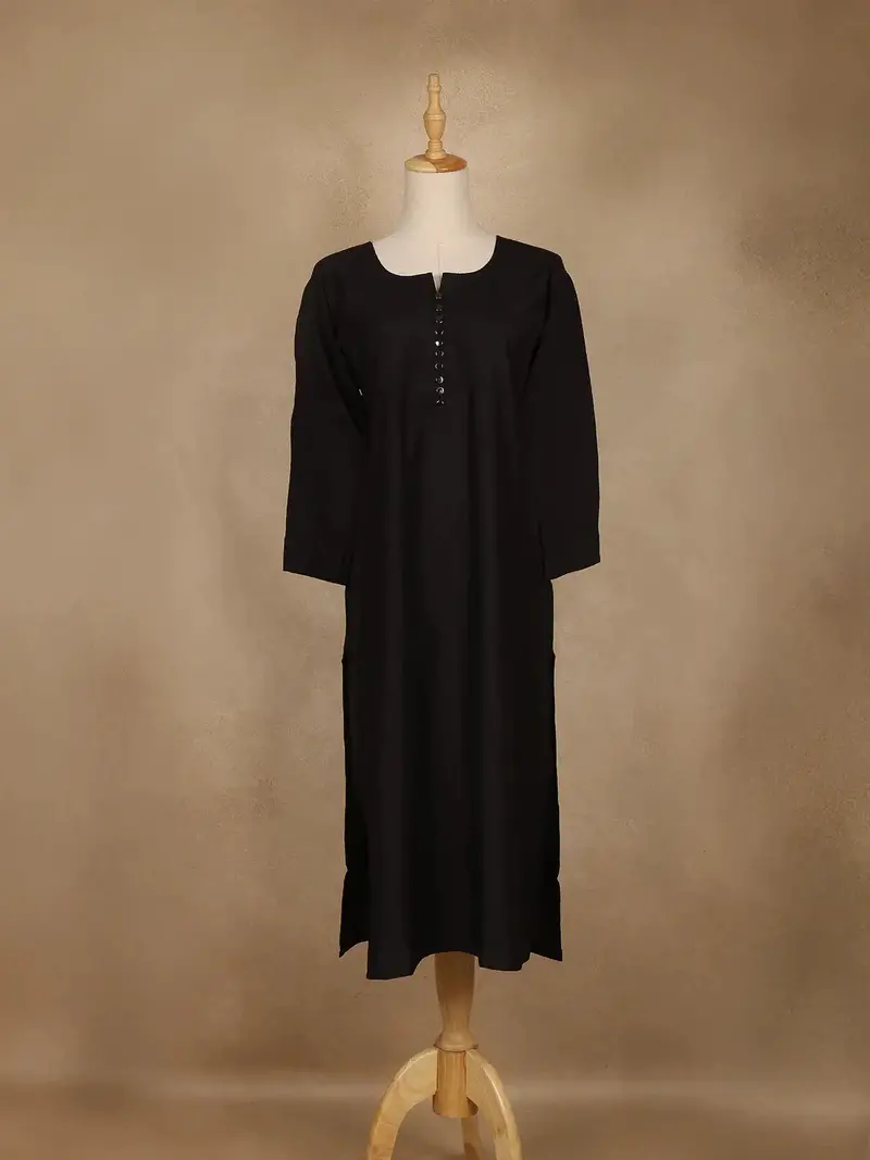 Black Solid Cotton Kurti With Button Detailing 1