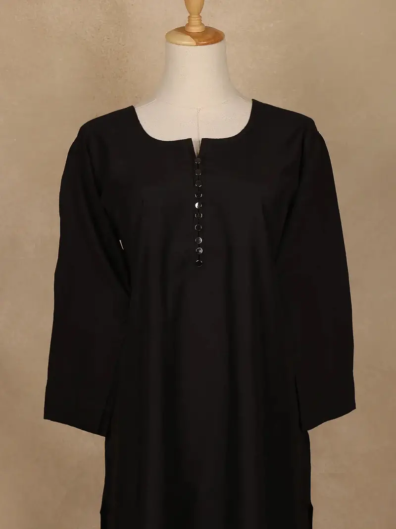 Black Solid Cotton Kurti With Button Detailing 2
