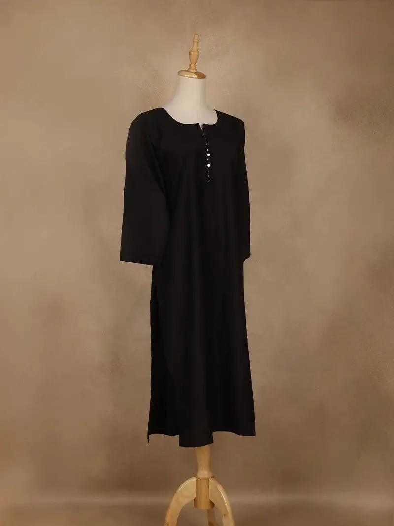 Black Solid Cotton Kurti With Button Detailing 4