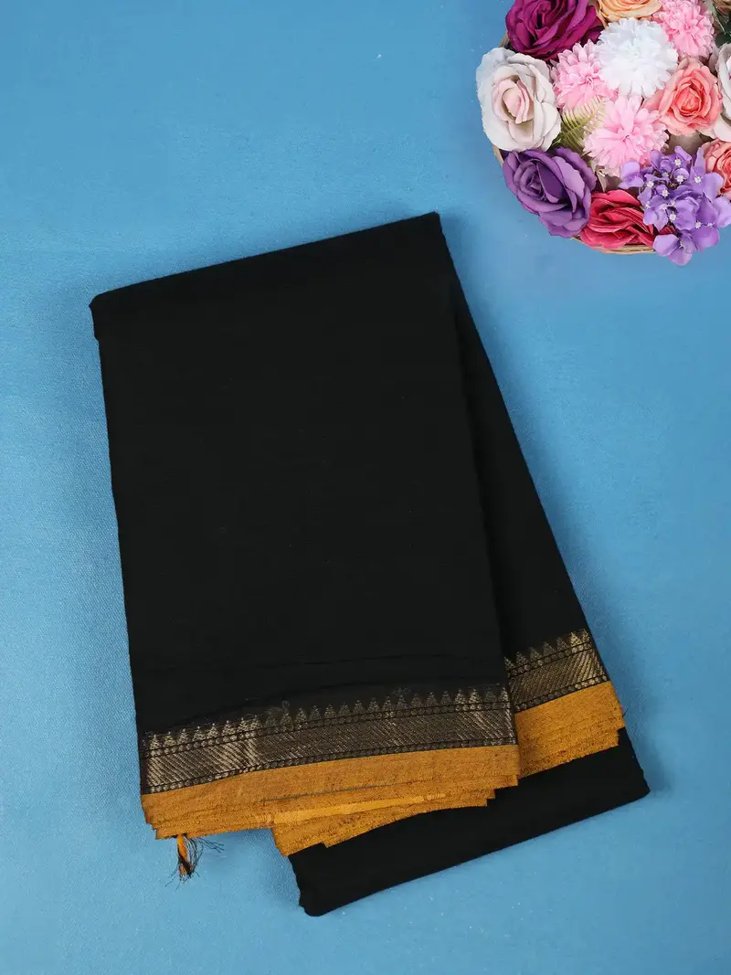 Black Solid Cotton Saree With Golden Zari Border 1