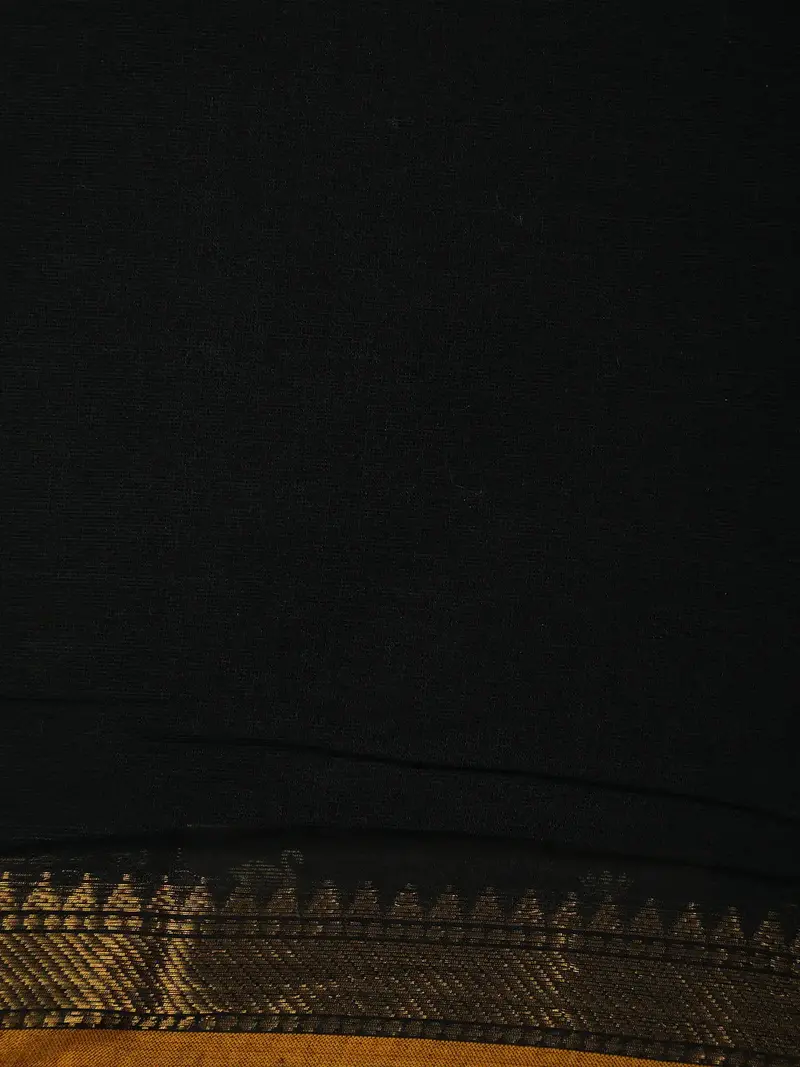 Black Solid Cotton Saree With Golden Zari Border 2