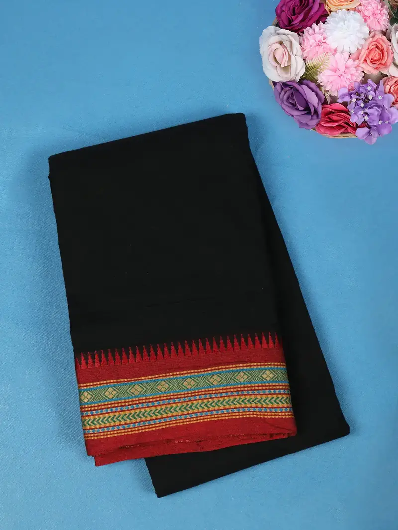 Black Solid Cotton Saree With Multicolor Woven Border 1