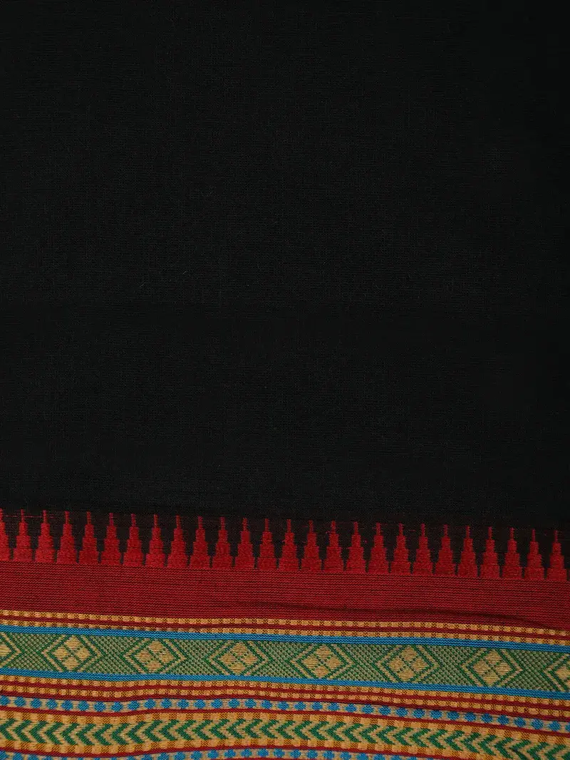 Black Solid Cotton Saree With Multicolor Woven Border 2