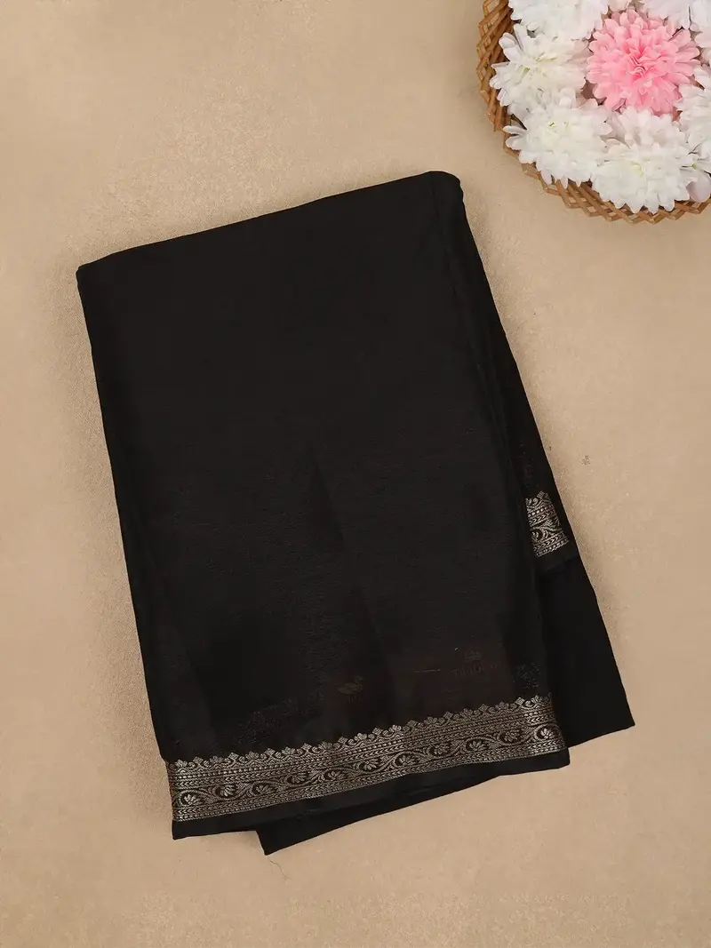 Black Solid Design Antique Gold Zari Border Mysore Silk Saree 1