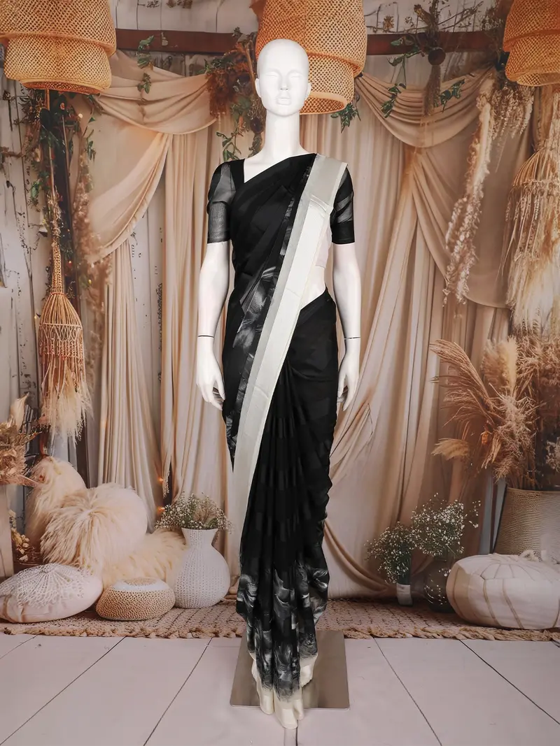 Black Solid Design Chiffon Saree With Contrast White Border 1