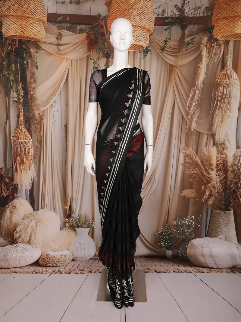 Black Solid Design Chiffon Saree With Contrast White Pattern Border 1