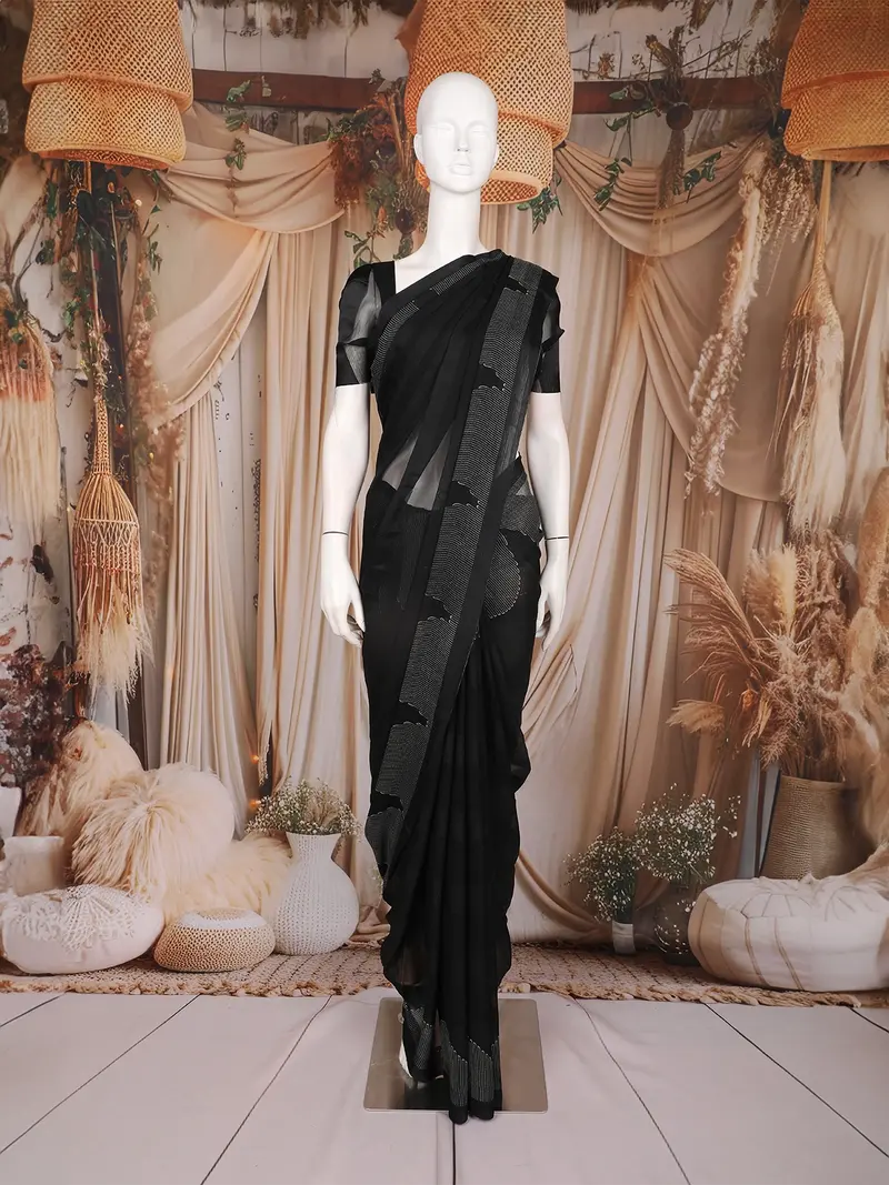 Black Solid Design Chiffon Saree With Contrast White Pattern Border 1
