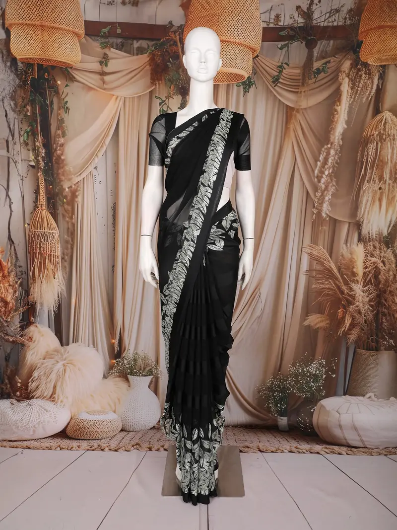 Black Solid Design Chiffon Saree With Contrasting Leaf Motif Border 1
