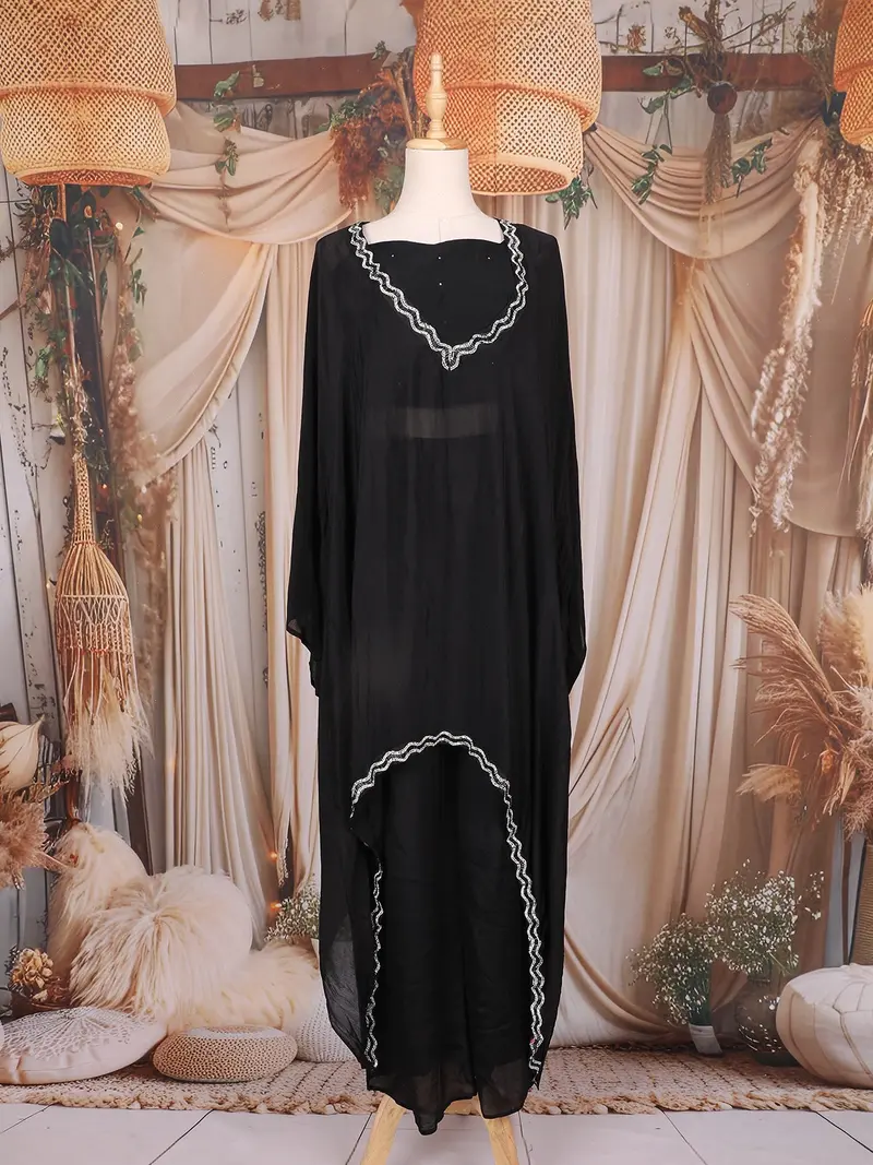 Black Solid Design Crepe Kaftan Set With With Thread Embroidered Detailing 1