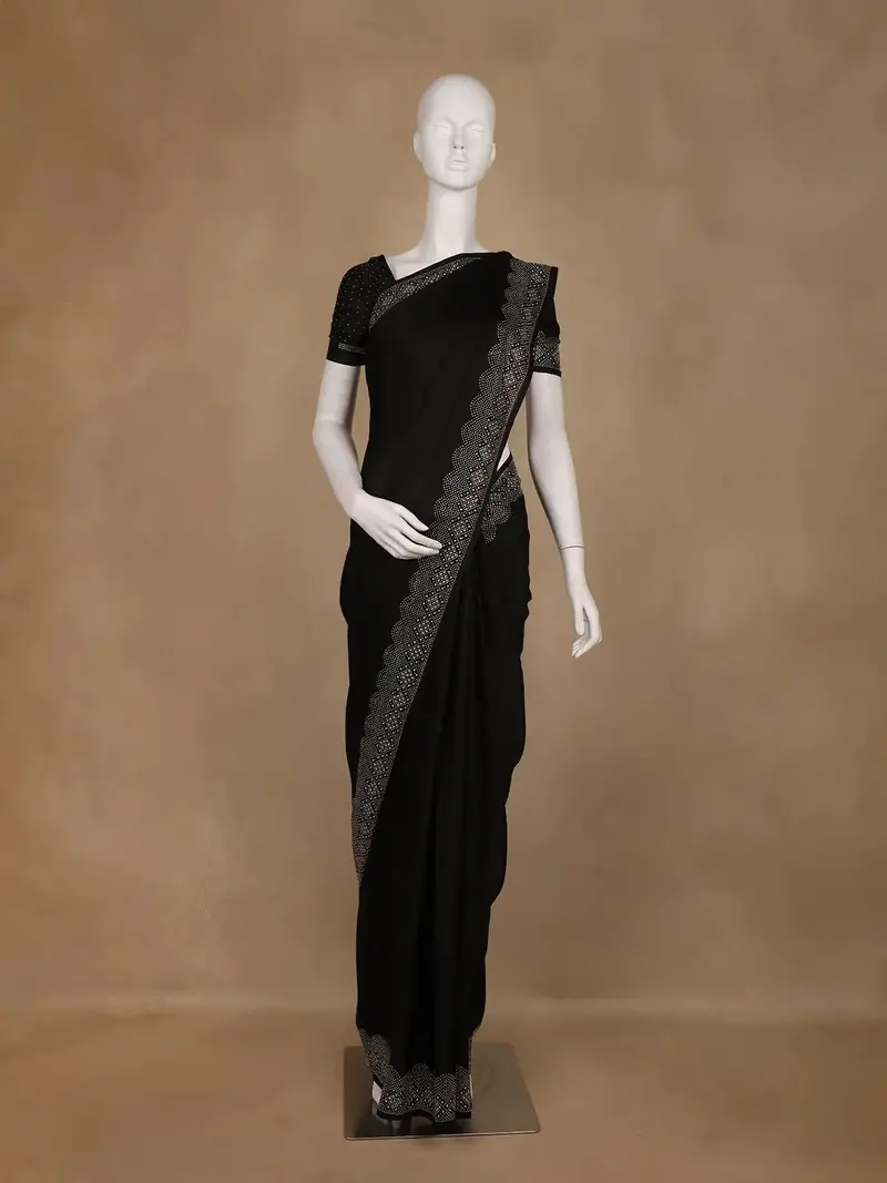 Black Solid Design Georgette With Stone Work Border 1
