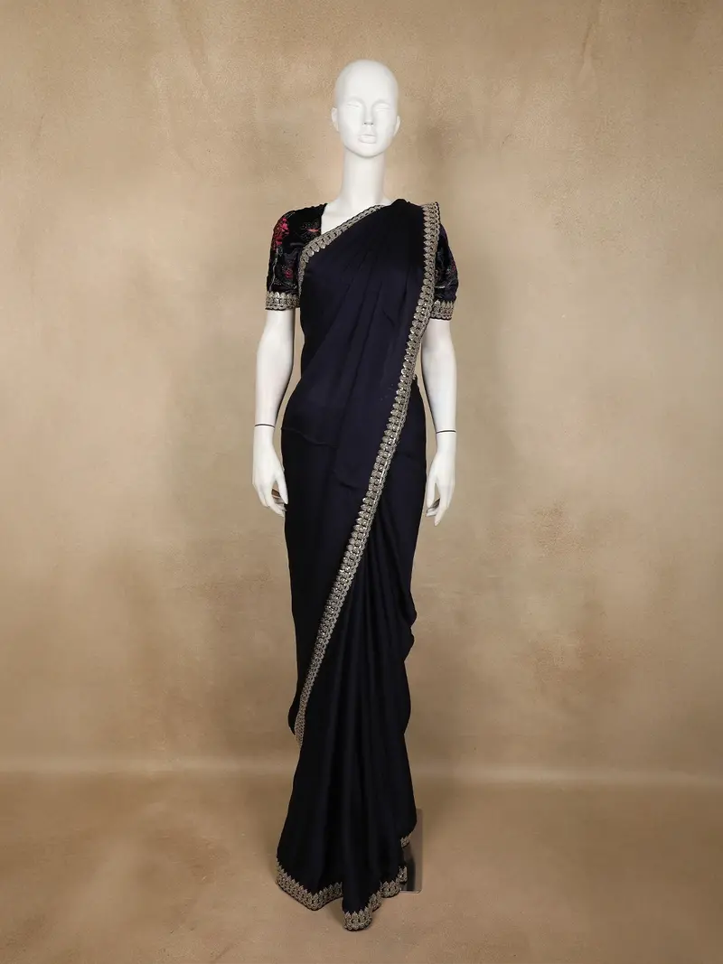 Black Solid Design Satin Saree With Embellished Lace Border 1