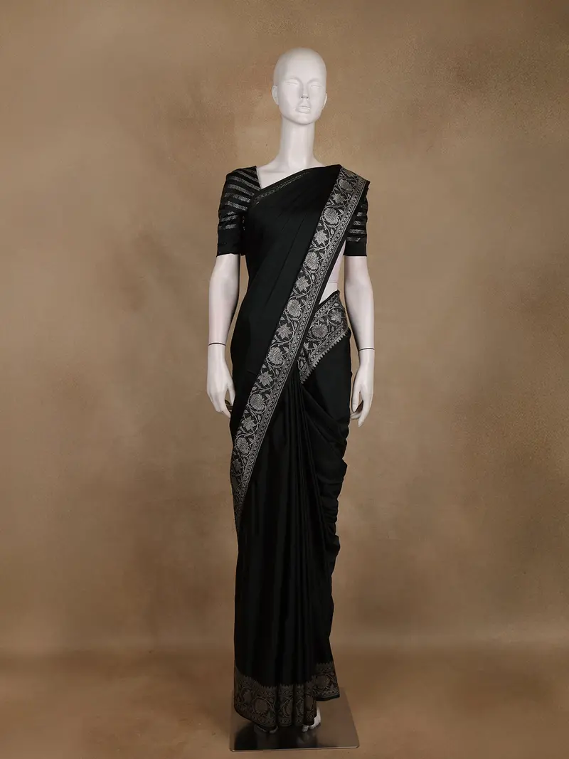 Black Solid Design Semi Banarasi Silk Saree 1