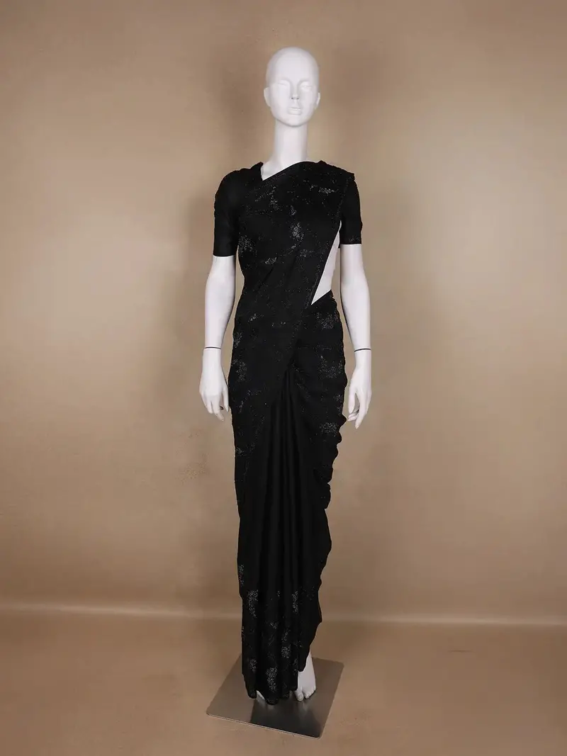 Black Solid Design Stone Worked Satin Fancy Saree 1