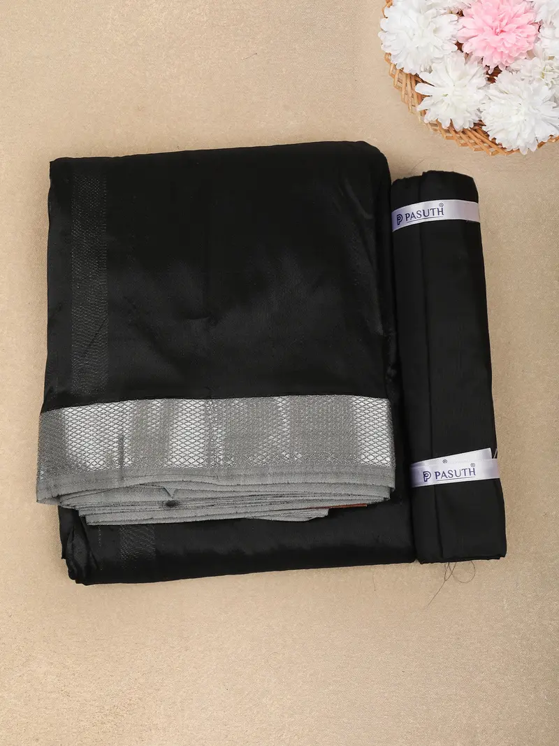 Black Solid Design Unstitched Shirt With Matching Dhoti Set With Zari Border 1